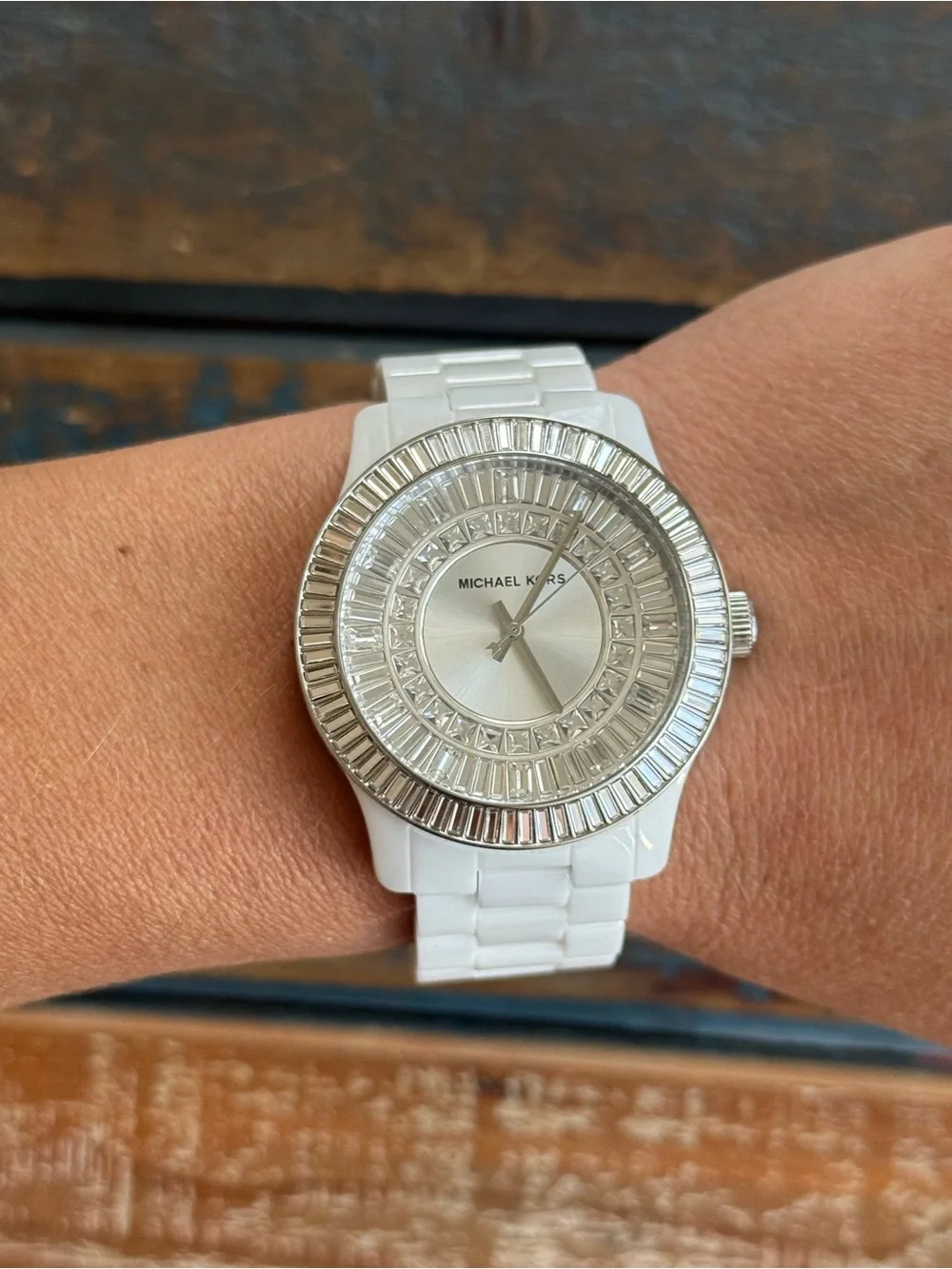 Michael Kors White Ceramic Crystal Glitz Baguette Watch (Model MK5361)